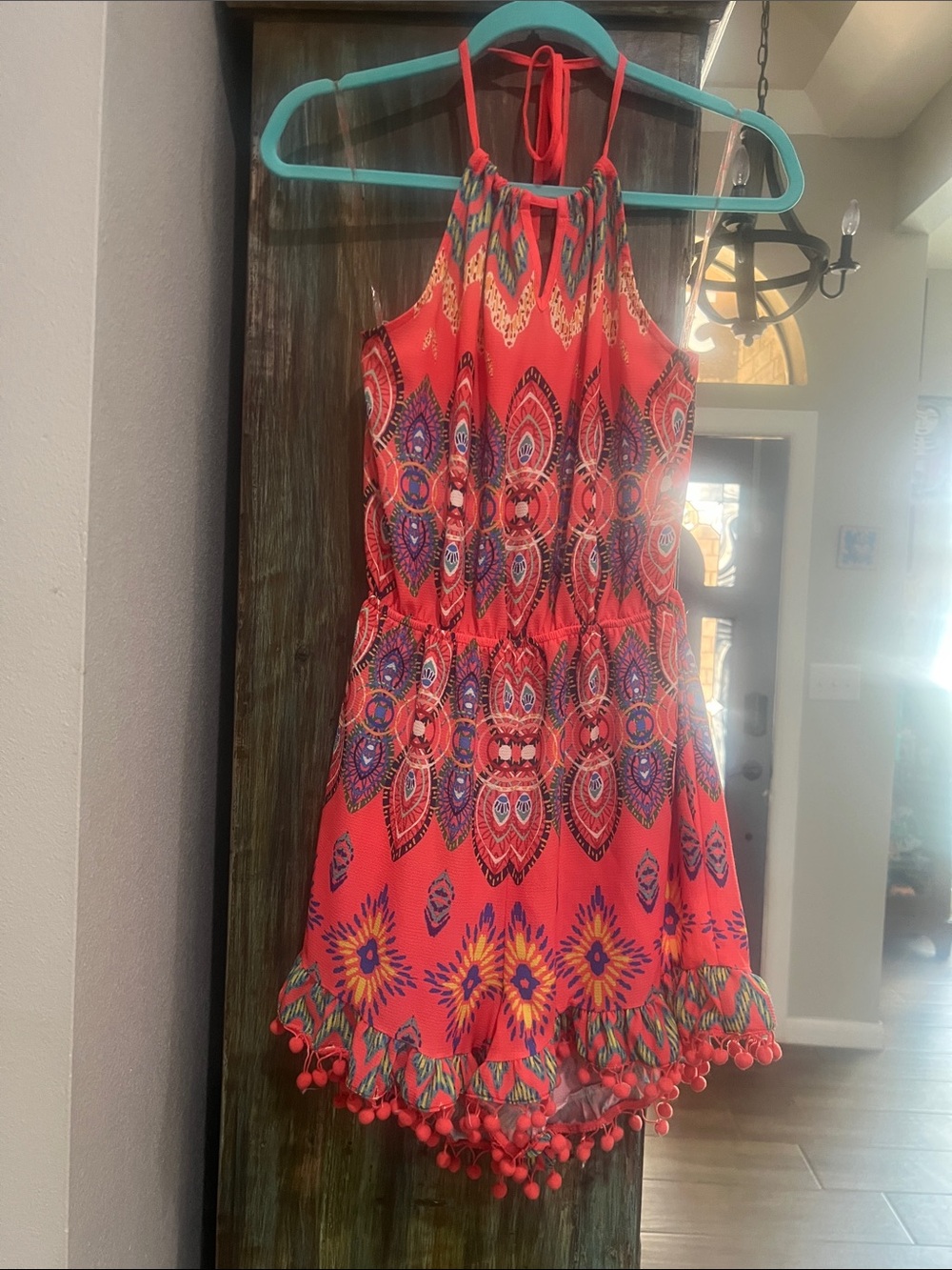 Halter Neck Floral Print Women's romper ( shorts) in Coral.